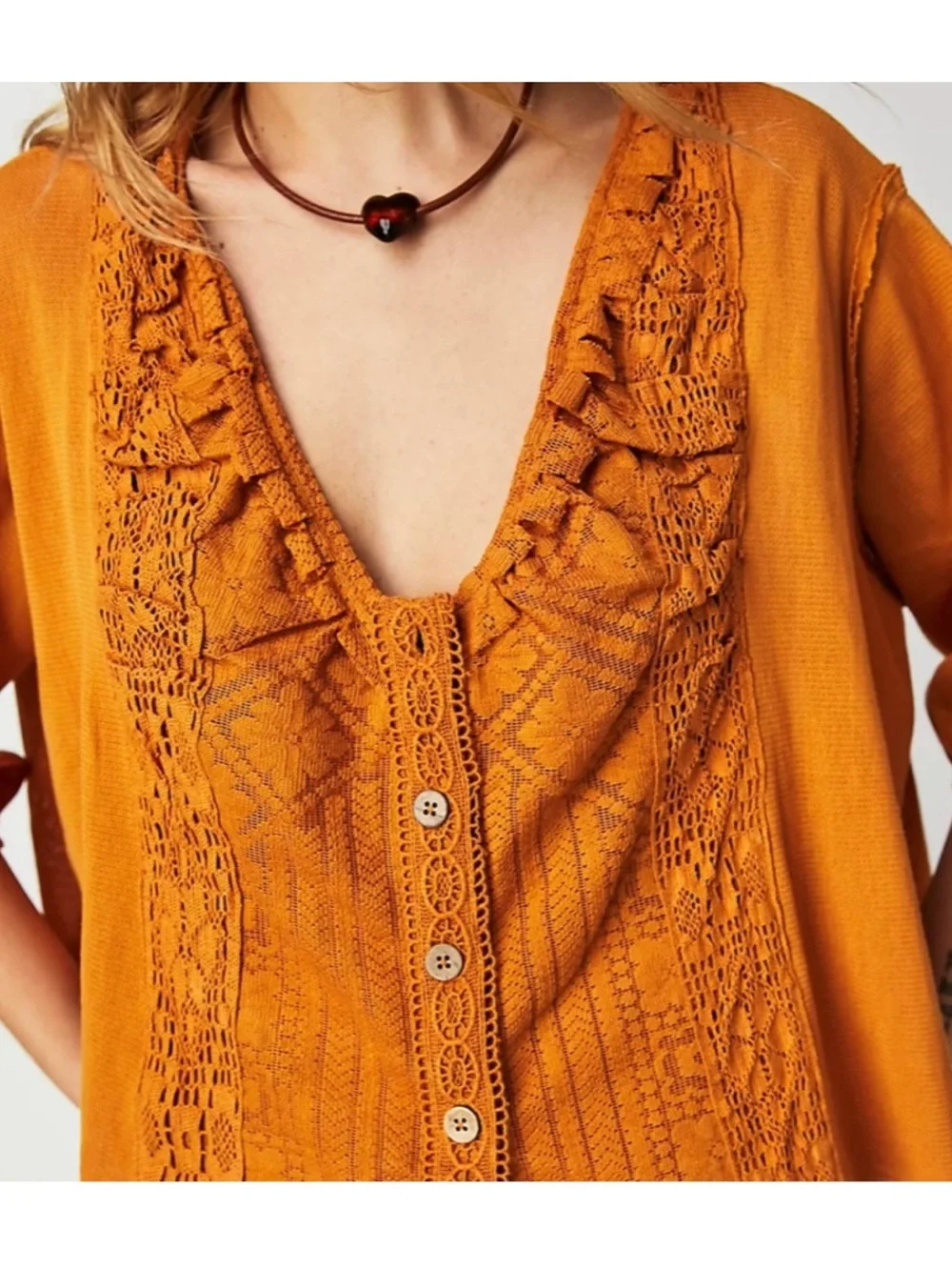 Free People Burnt Orange Crochet Button-Front Blouse